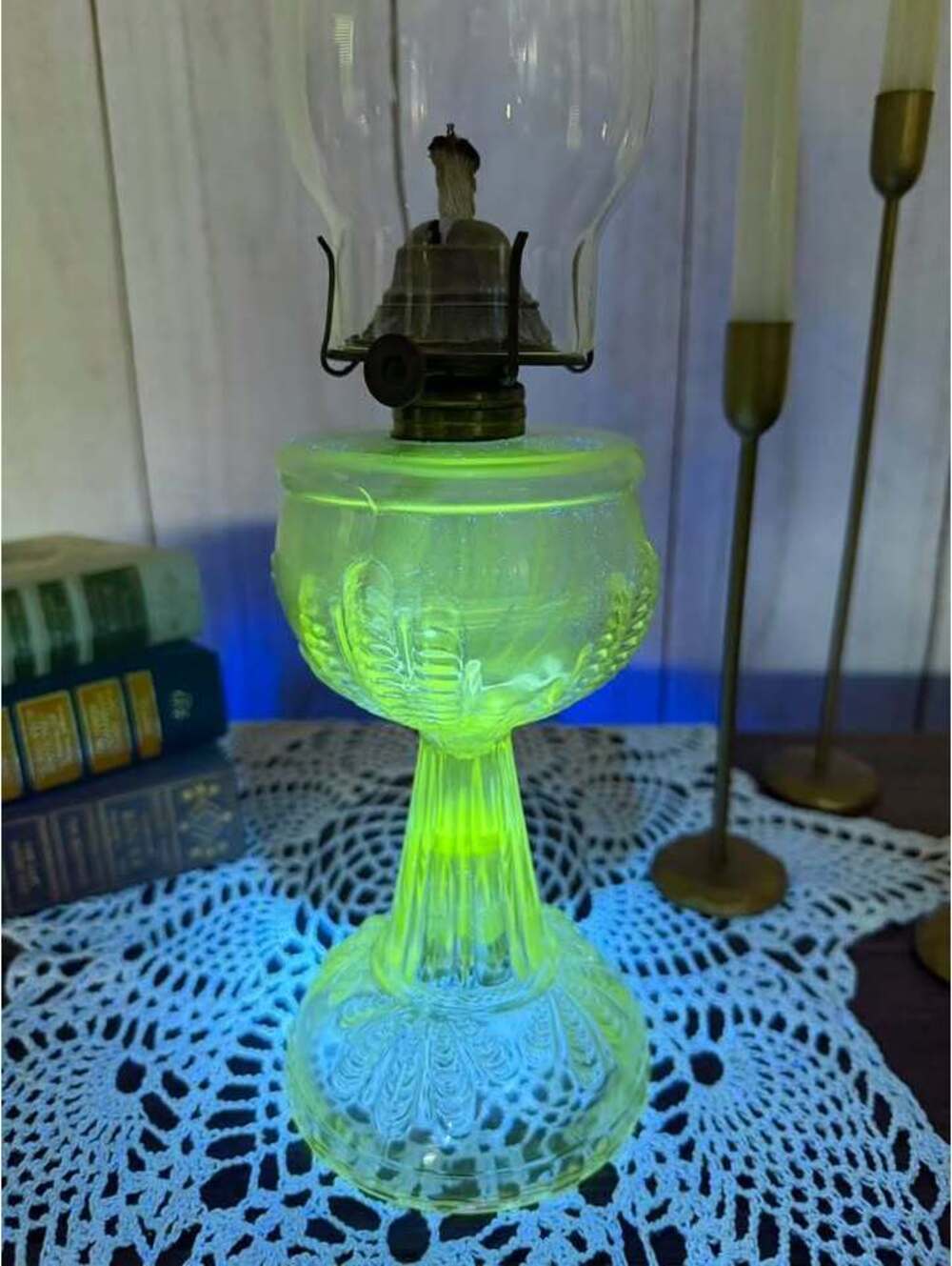 Antique EAPG Turkey Foot Oil Lamp with Chimney | UV Reactive Glass